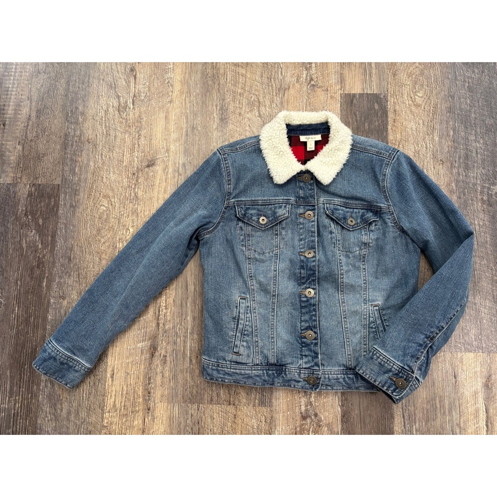 Style & Co Womens Denim Jacket Sherpa Collar Buffalo Plaid Lined Blue Trucker S